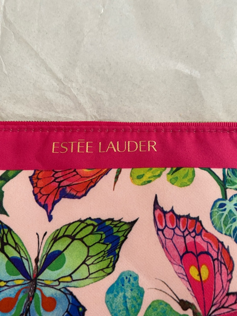 Estee Lauder Pink Butterfly Print Cosmetic Pouch with Hot Pink Trim - Picture 4 of 4